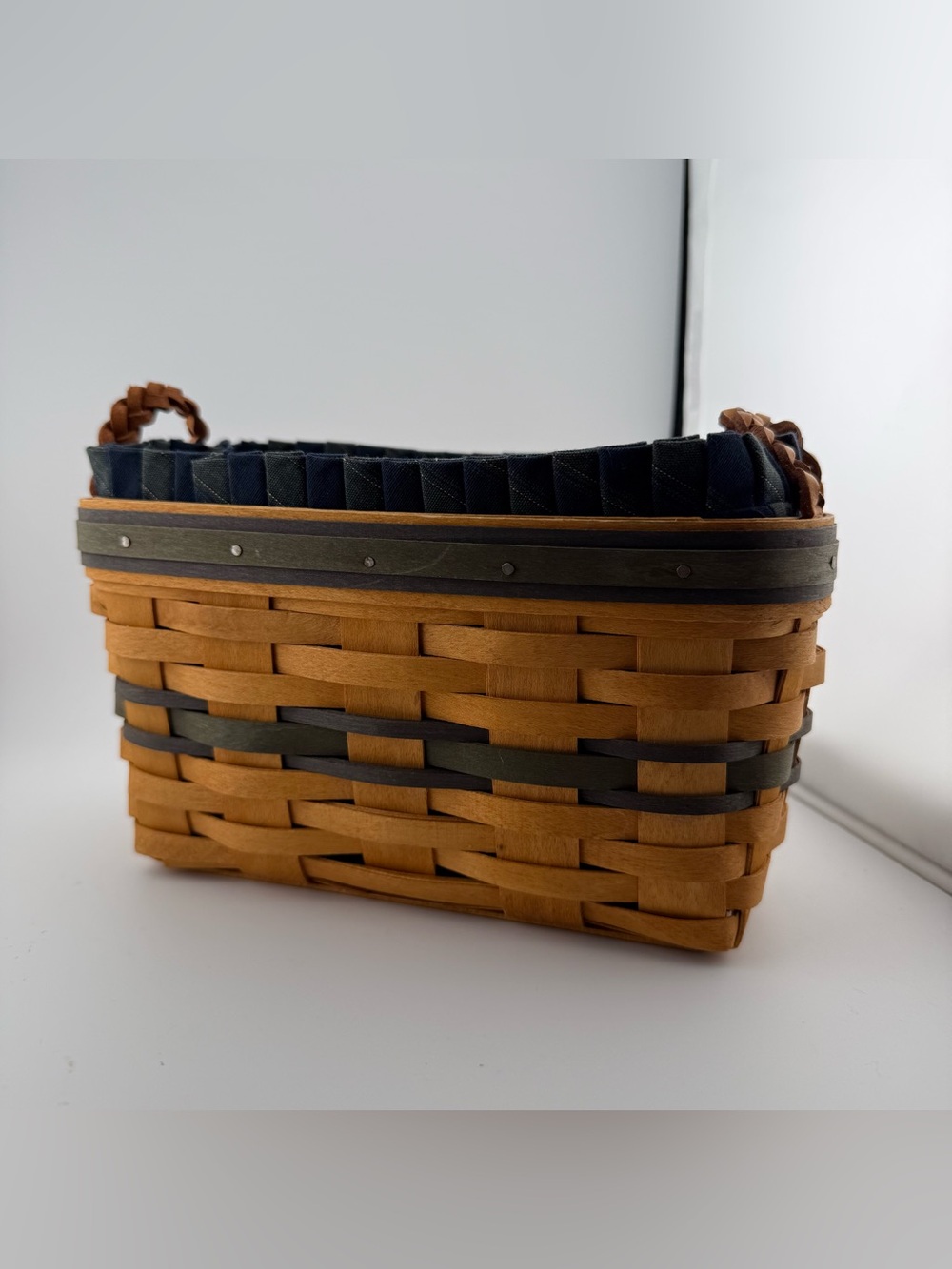 Longaberger Brown Woven Basket with Navy Liner and Dark Accent